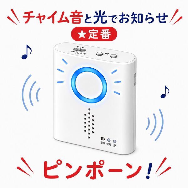 チャイム音と青い円形LEDライトの光で来訪を知らせる、ホワイトカラーのワイヤレスチャイム受信機。上部にモード切替スイッチや音量調整ボタンがあり、音と光で呼び出しをお知らせします。玄関のインターホンや介護用の呼び出しベルに便利です