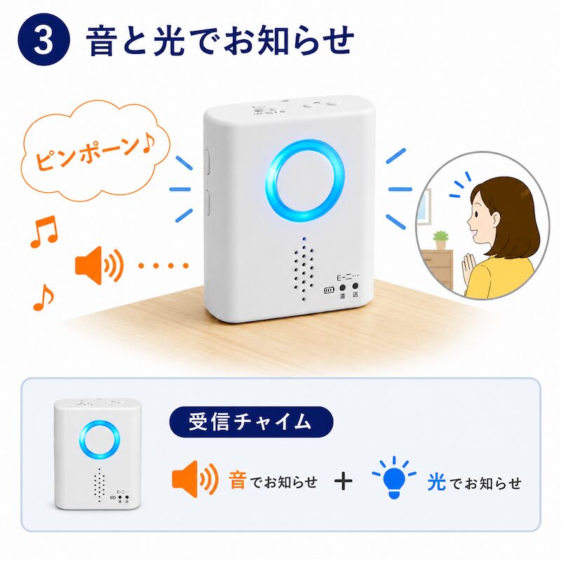 ワイヤレス呼出受信機の通知機能。メロディ音（ピンポーン）と青いLEDライトの点滅で、耳の不自由な方や離れた部屋にいる方へ確実に来客を知らせます。