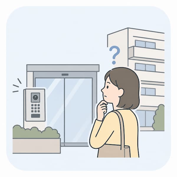 マンションのオートロックを呼んでも応答がない。集合玄関機の前で困っている女性。