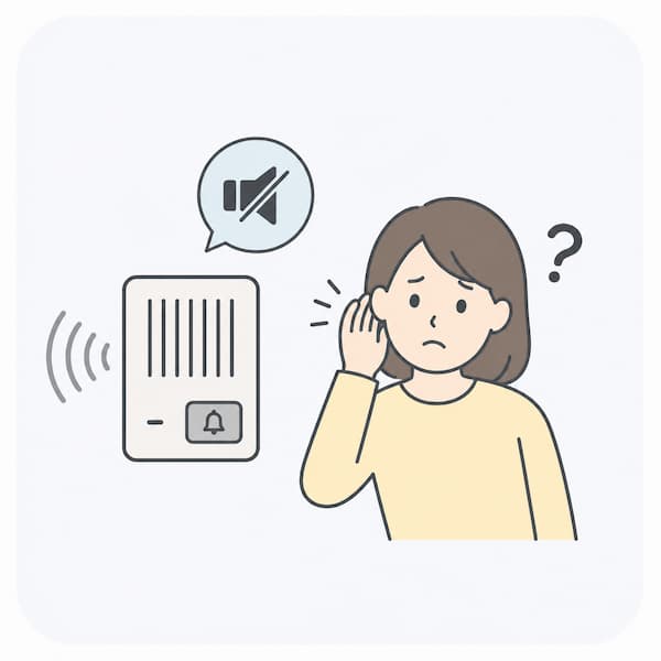 インターホンのチャイムの音が聞こえにくく、耳を近づけて困っている女性のイラスト。